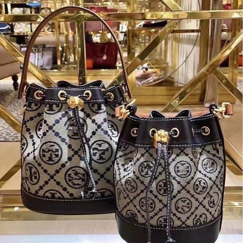 Women's Cowhide Canvas Single Drawstring Presbyopic Bucket Bags