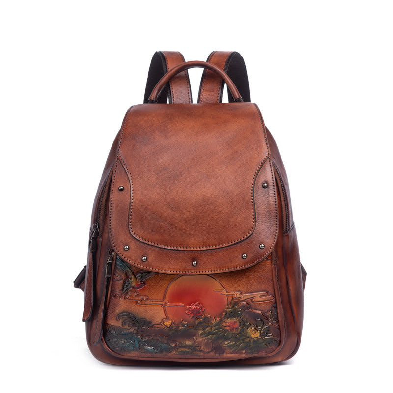 Large Capacity Retro Embossing Craft Straight Hair Artistic Backpacks