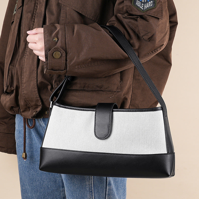 Women's Leather Car Canvas Contrast Color Patchwork Handbags