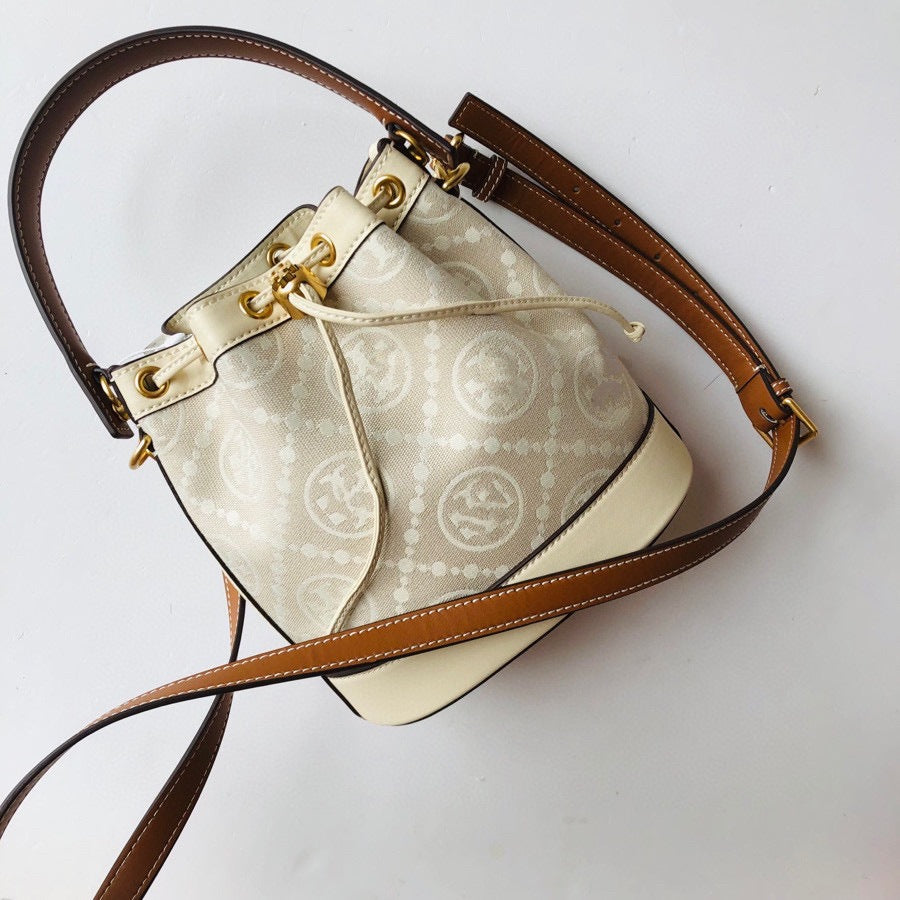Women's Cowhide Canvas Single Drawstring Presbyopic Bucket Bags