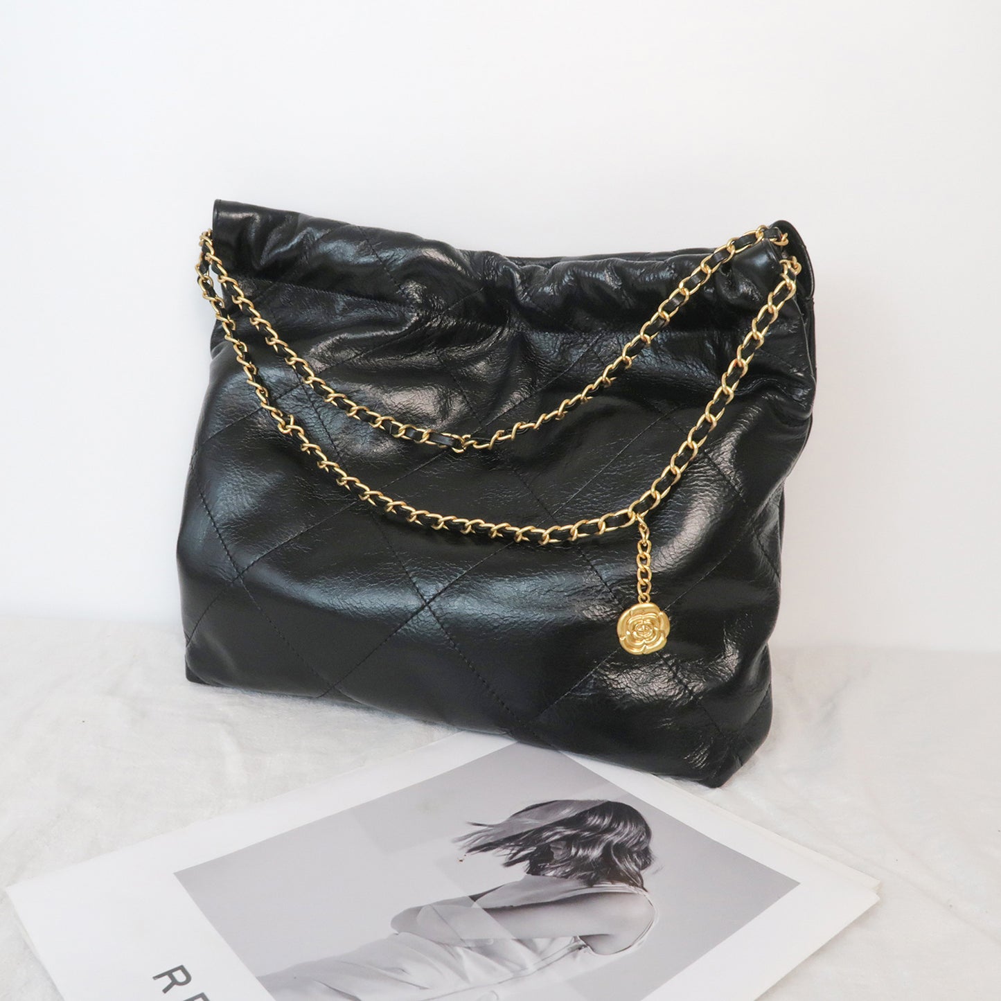 Layer Cowhide Classic Style Garbage Rhombus Chain Large Capacity Bags