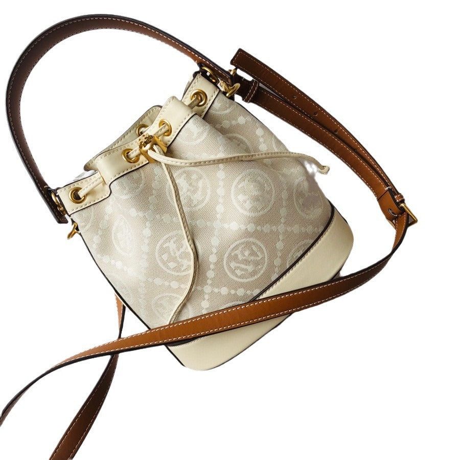 Women's Cowhide Canvas Single Drawstring Presbyopic Bucket Bags