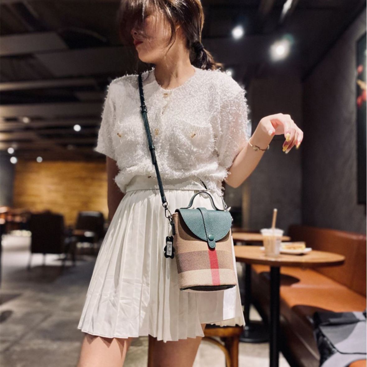 Real Leather Canvas Contrast Color One Plaid Fashion Buckle