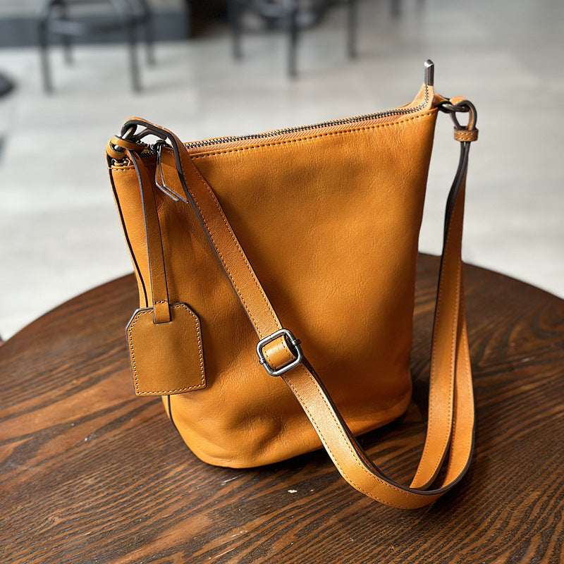 Women's Leather For First Layer Cowhide Retro Bucket Bags