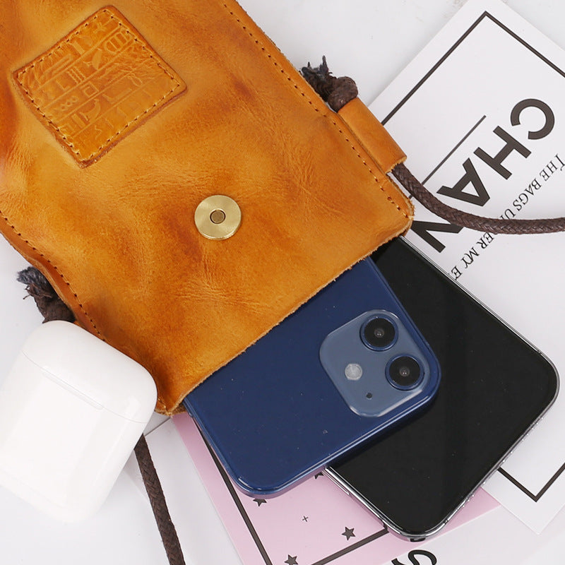 Women's Pleated Retro Leather Vegetable Tanning Mini Phone Bags