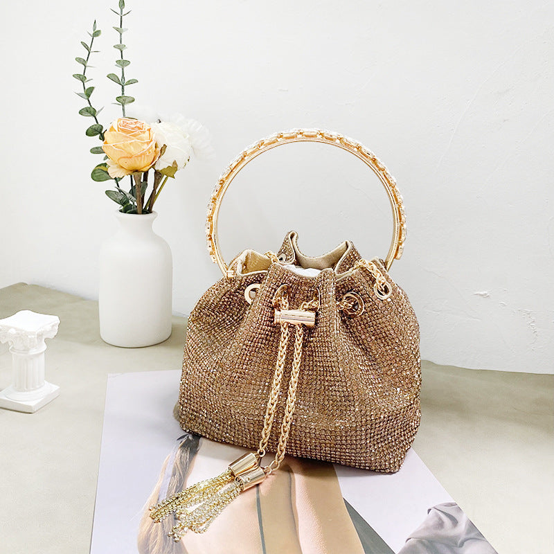 Women's Rhinestone Tassel Shiny Semicircle Hot Drilling Portable Bags