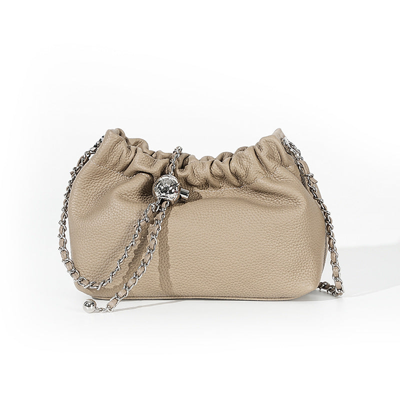 Women's Cloud Underarm Genuine Leather Golden Ball Chain Small Square Bags