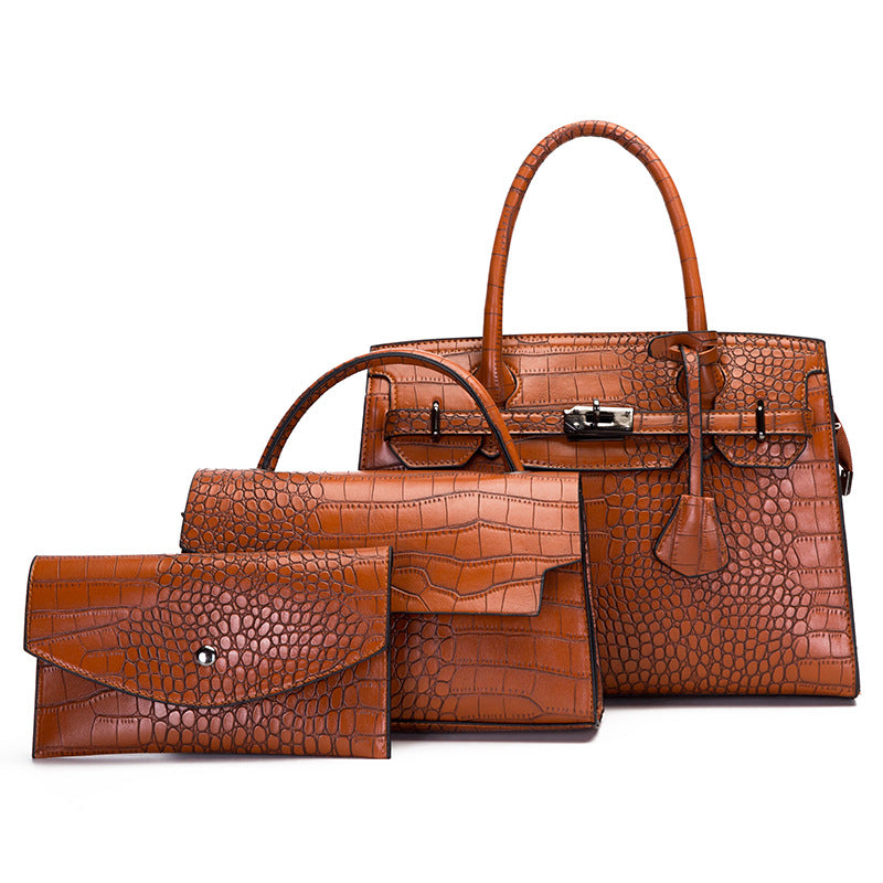 Women's Vintage Crocodile Pattern Three-piece Set Large Handbags