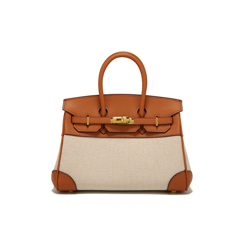 Women's Spring Design Leather With Canvas Contrast Shoulder Bags