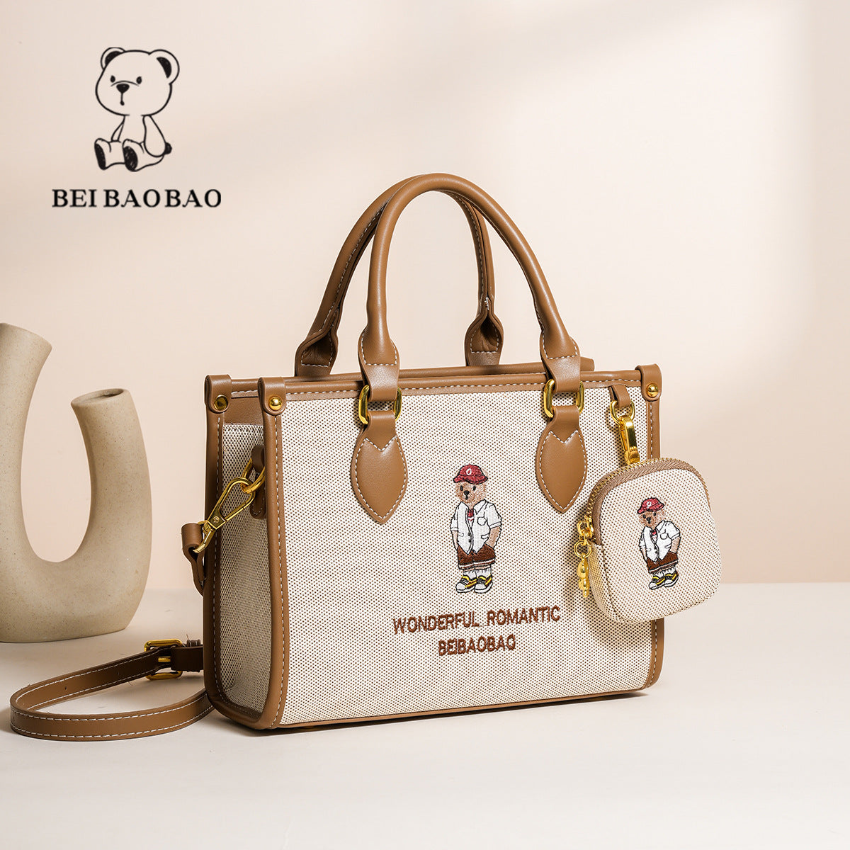 Women's Source Embroidered Canvas Bear Portable Commute Tote Bags