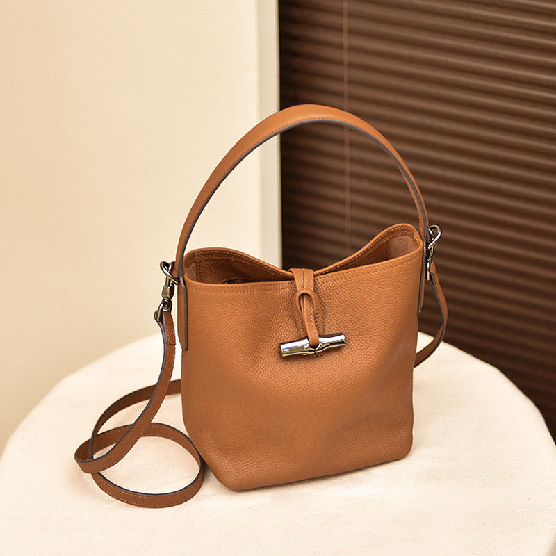 Women's Layer Cowhide Bamboo Niche Senior Family Bucket Bags