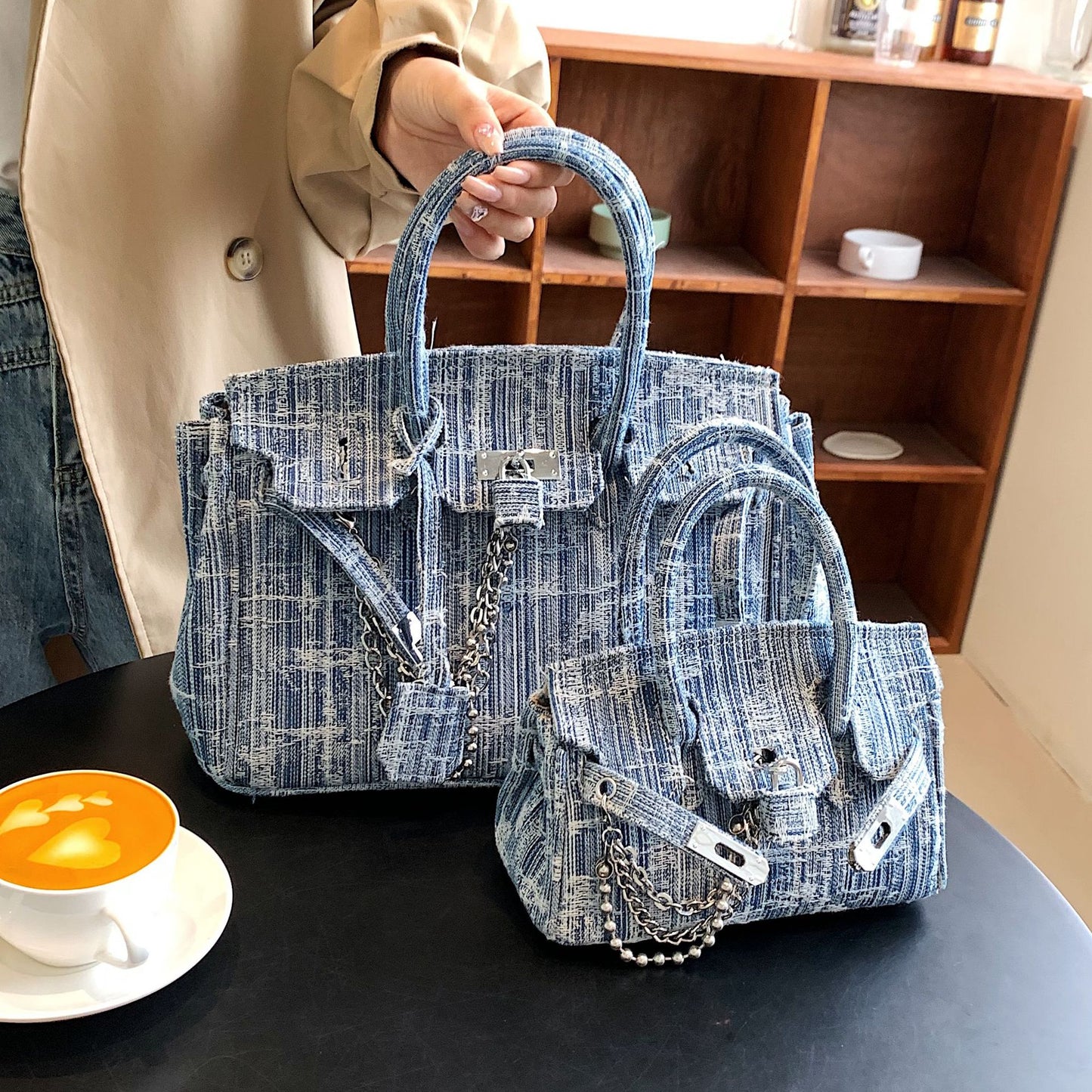 Large Capacity Denim Blue Portable Platinum Shoulder Bags