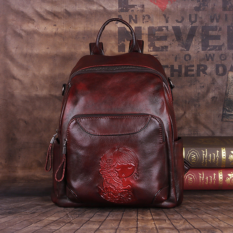 Women's First Layer Cowhide Chinese Style Retro Backpacks