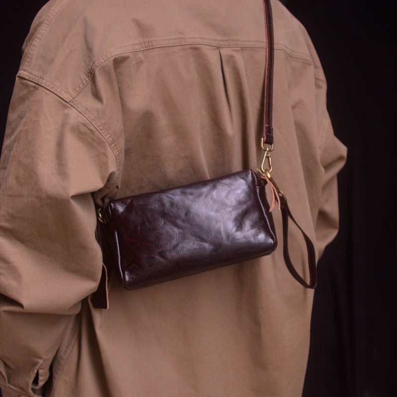 Men's Leather Horizontal Top Layer Cowhide Personality Pleated Design Zipper Men's Messenger Bags
