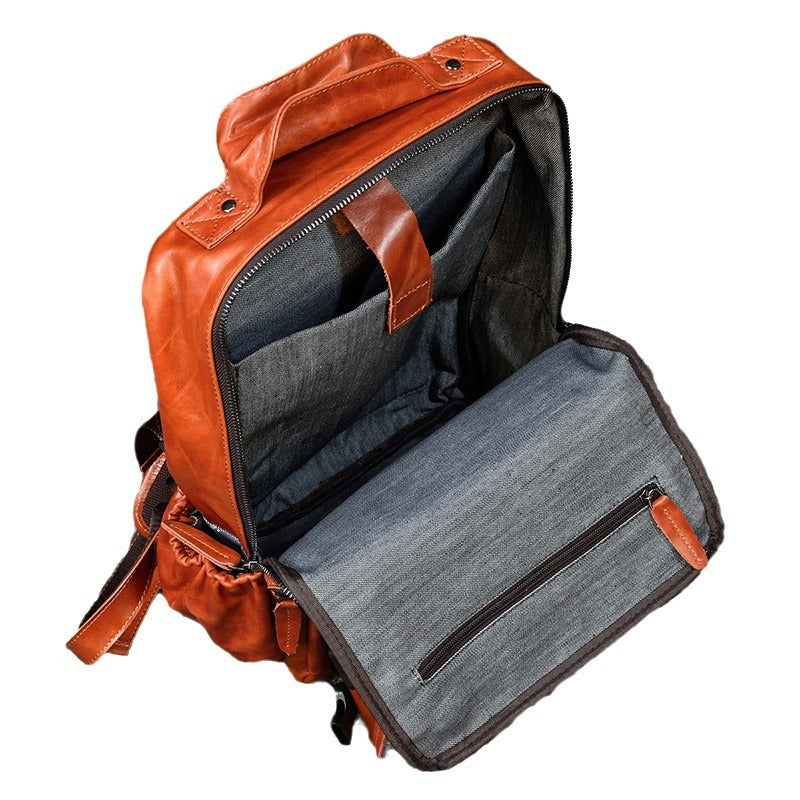 Men's Korean Style Genuine Leather Cowhide Flip Large Backpacks