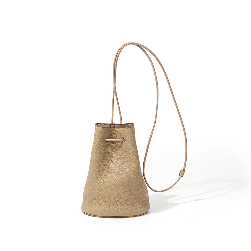 Women's Niche Drawstring Genuine Leather Simple First Bucket Bags