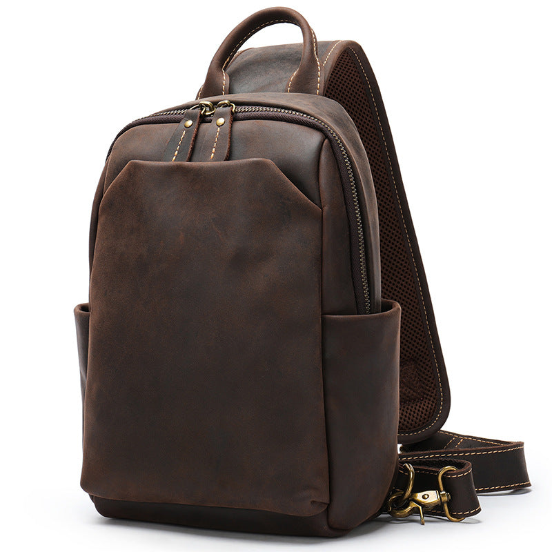 Men's Crazy Horse Leather Vintage Genuine Black Men's Chest Bags