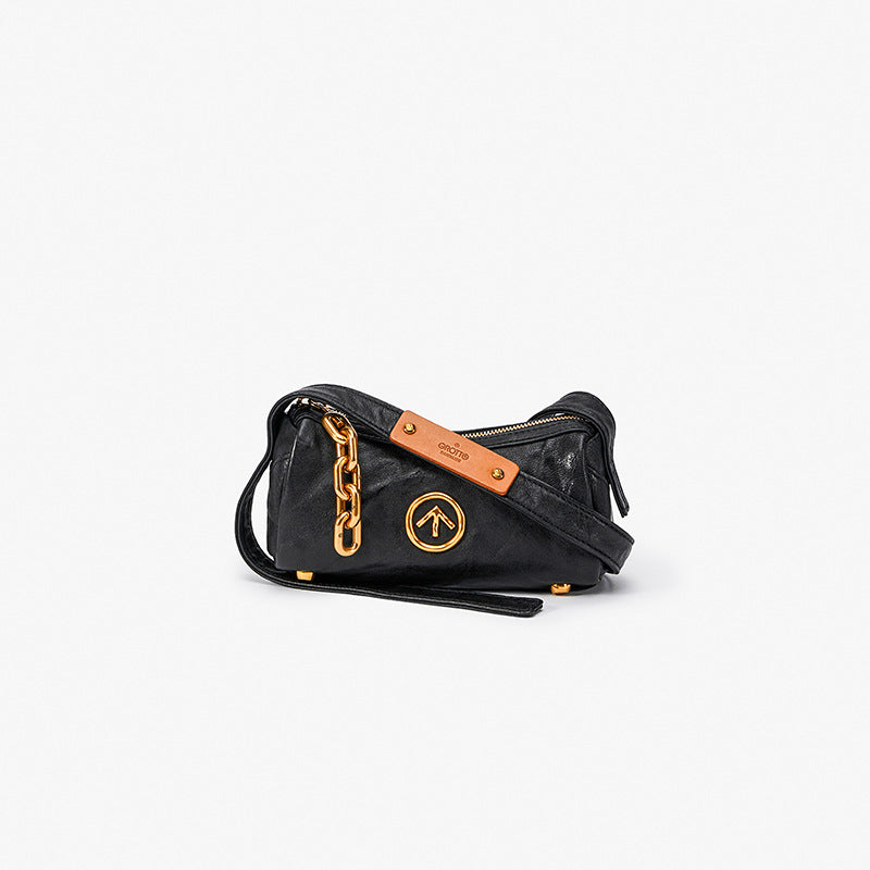 Black Stone Pleated Leather Soft Simple Shoulder Bags