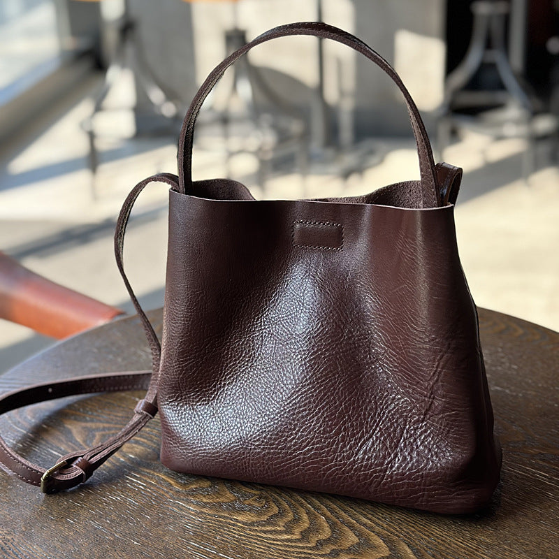 Women's Genuine Leather Simple Artistic Retro Vegetable Bucket Bags