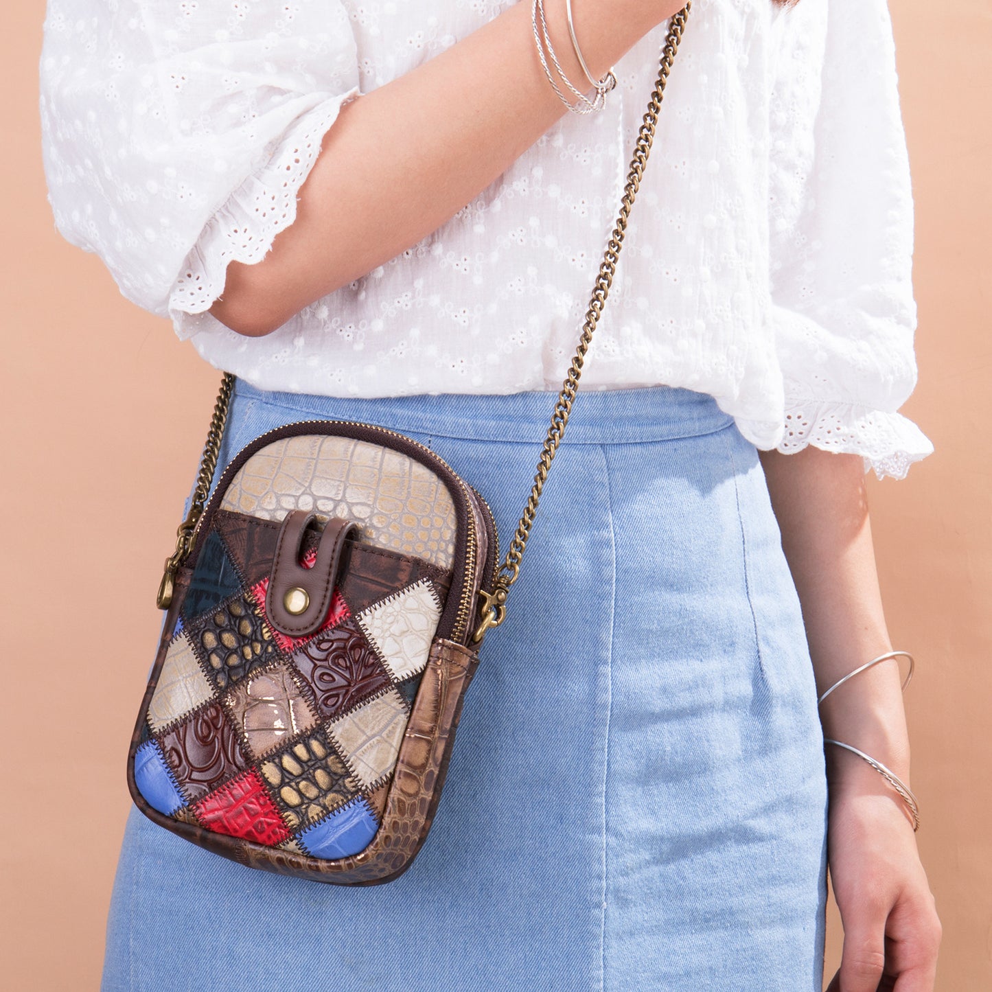 Women's Top Layer Cattlehide Leather Fashion Trendy Phone Bags