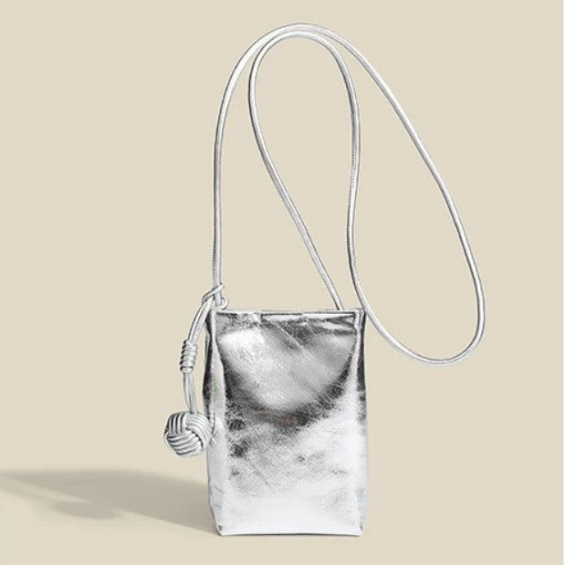 Women's Leather Woven Ball Vertical Soft Fan Phone Bags
