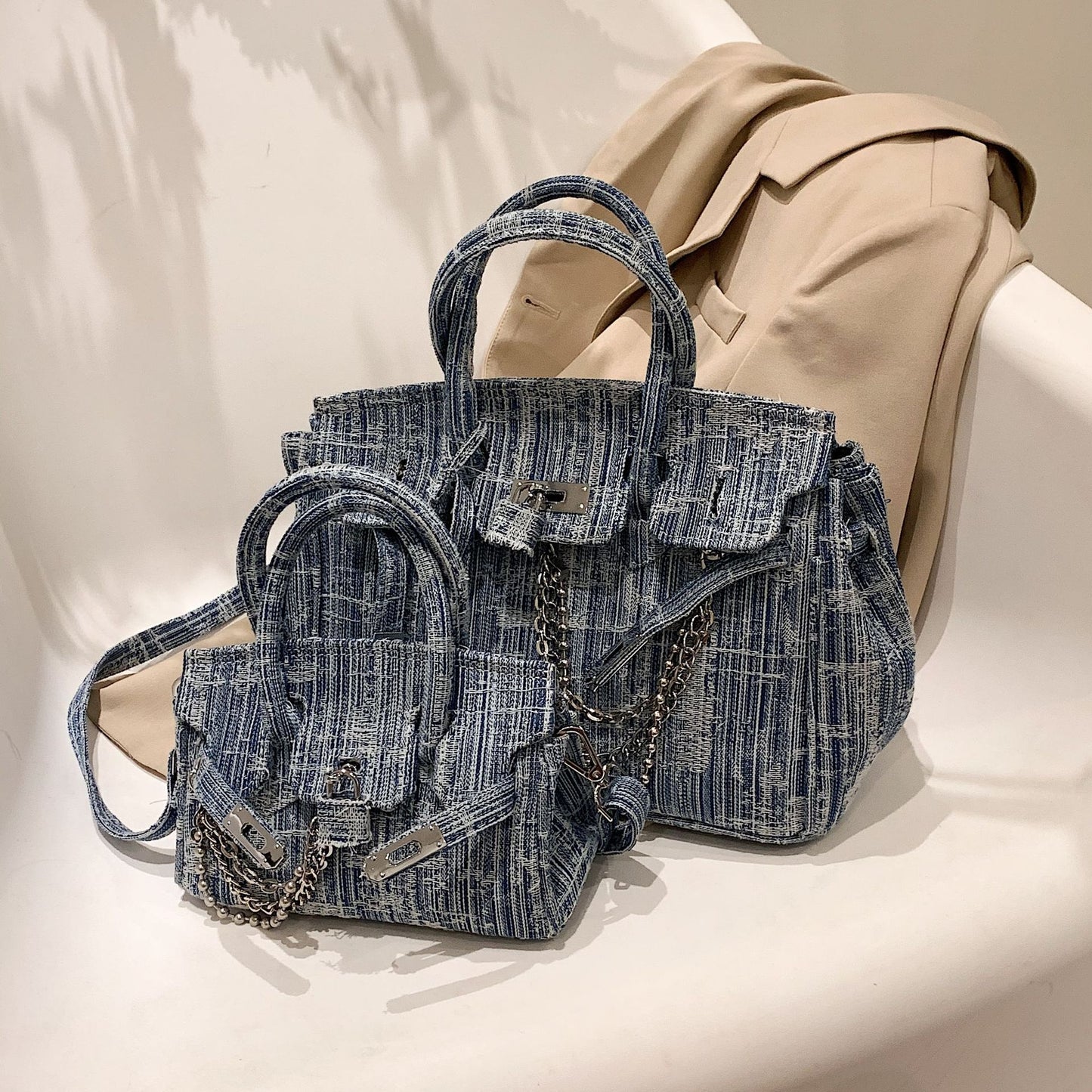 Large Capacity Denim Blue Portable Platinum Shoulder Bags