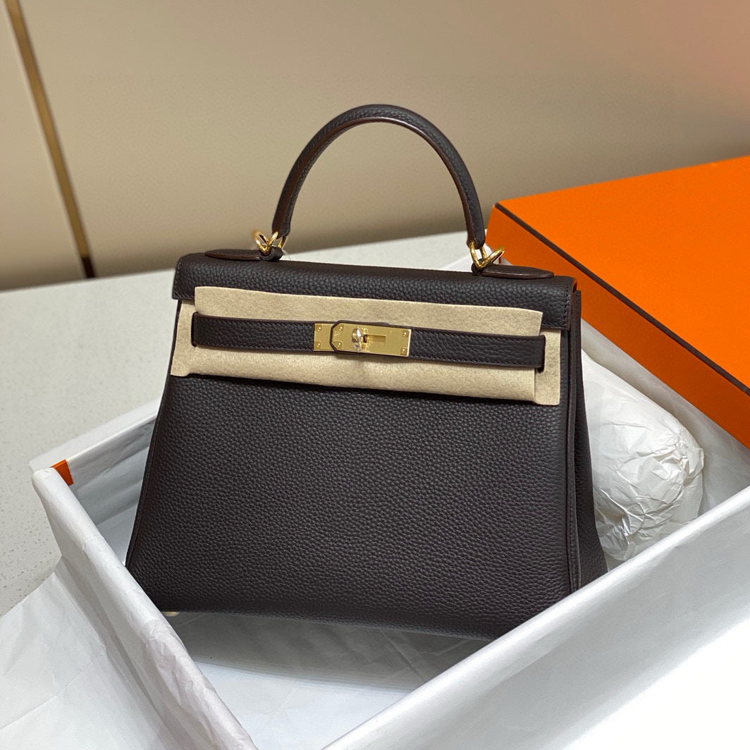 Women's Quality Kelly Lychee Pattern Calfskin Portable Crossbody Bags