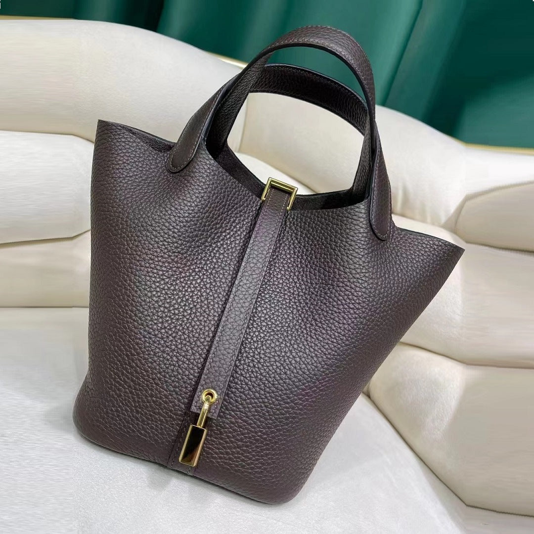 Women's Vegetable Basket Genuine Leather Litchi Grain Bucket Bags