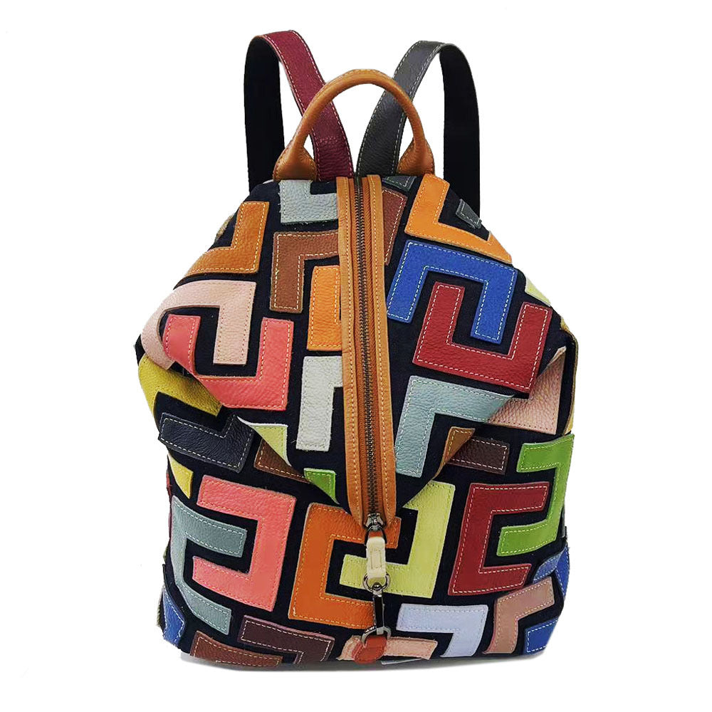 Women's Fashion Color Cowhide Stitching Genuine Leather Backpacks