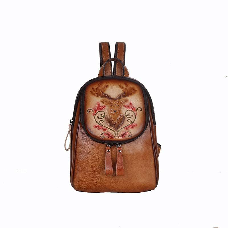 Women's Layer Cowhide Personality Retro Embossing Cow Leather Fashion Backpacks