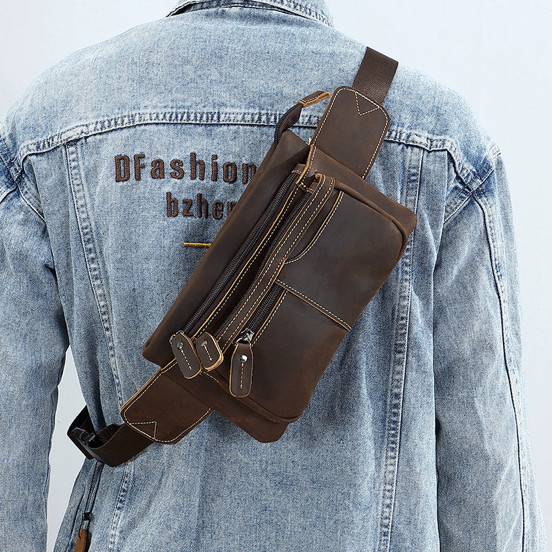 Men's Retro Leather Pocket Pouch Cowhide Motorcycle Men's Chest Bags