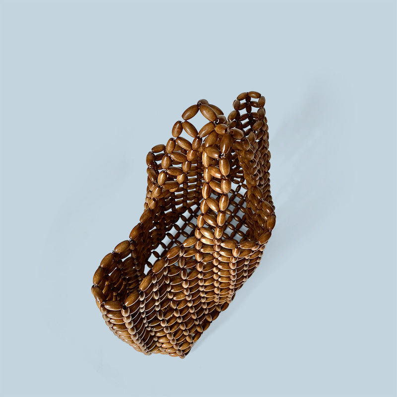 Design With Wooden Beads Decoration Hand-woven Handbags