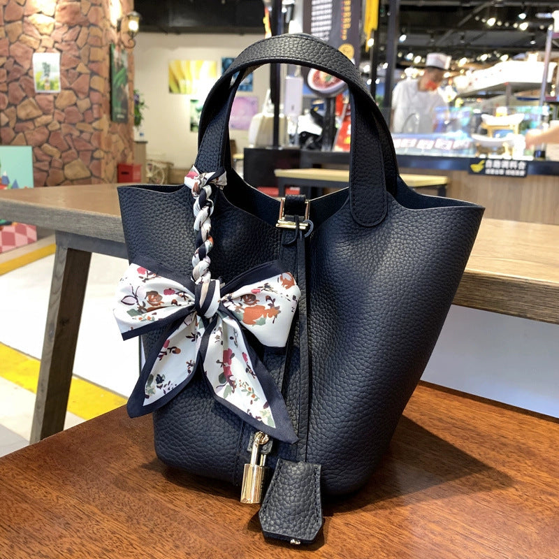Women's Basket Genuine Leather Simple High-grade Large Capacity Bucket Bags