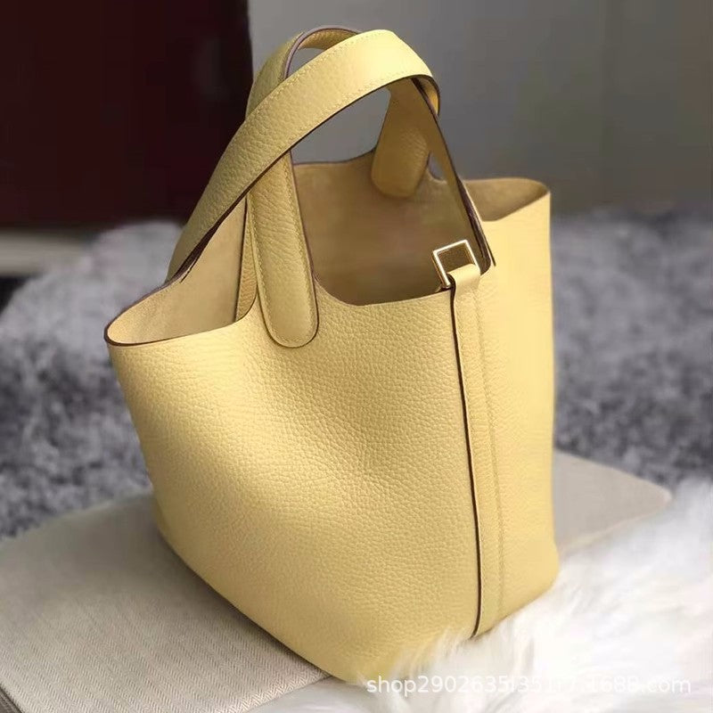 Women's Basket Genuine Leather Lychee Pattern First Tote Bags