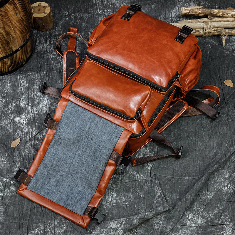 Men's Korean Style Genuine Leather Cowhide Flip Large Backpacks