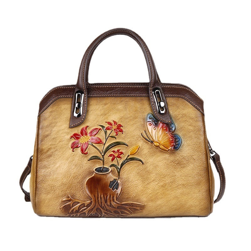 Women's Layer Cowhide Leather Chinese Style Vintage Floral Shoulder Bags