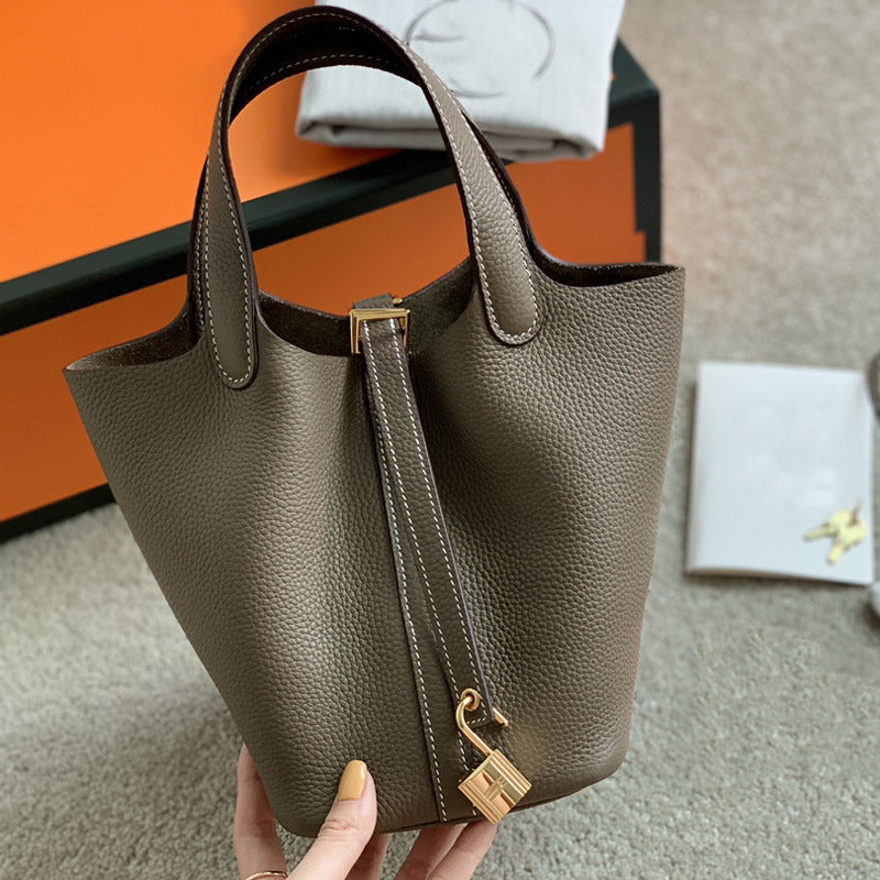 Women's Basket Genuine Leather Simple High-grade Large Capacity Bucket Bags
