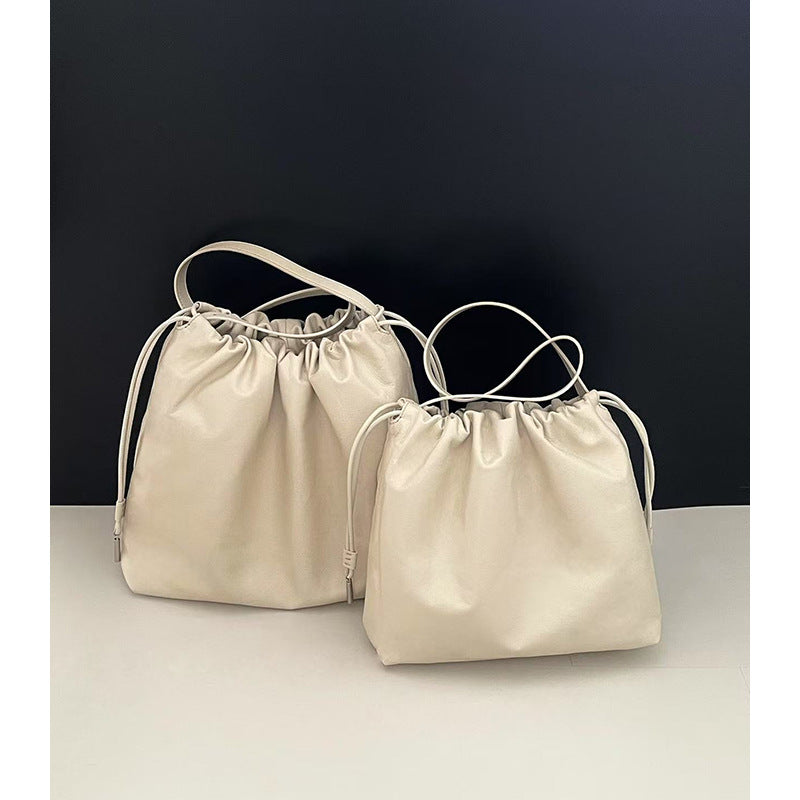 Women's Soft Calfskin Cloud Genuine Leather Drawstring Large Capacity Shoulder Bags