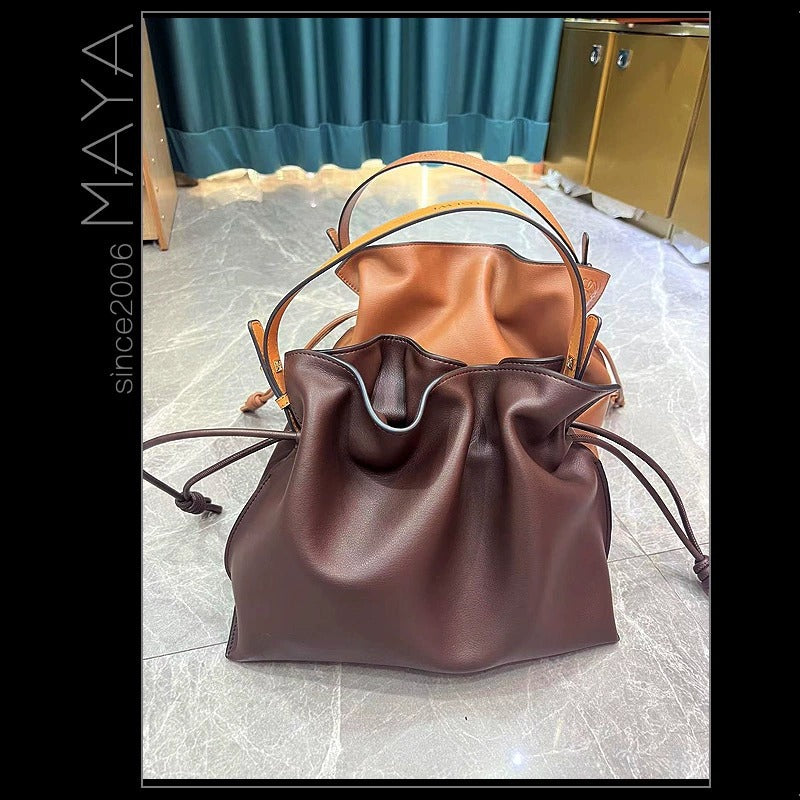 Women's High-grade Lucky Drawstring Mi Soft Leather Bucket Bags