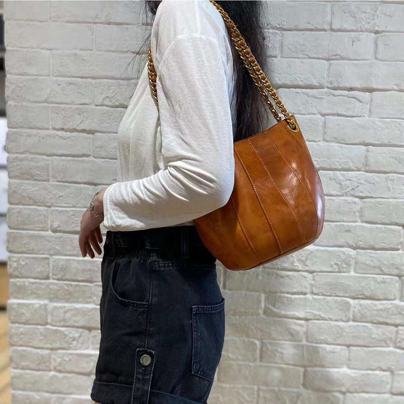 Tanned Handmade First Layer Cowhide Chain Bucket Bags