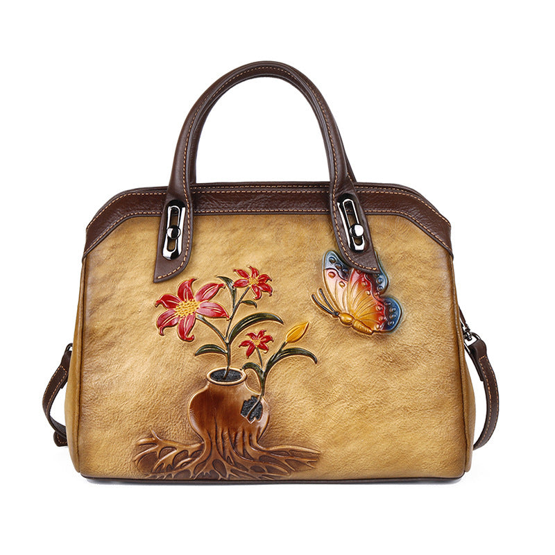 Women's Layer Cowhide Leather Chinese Style Vintage Floral Shoulder Bags