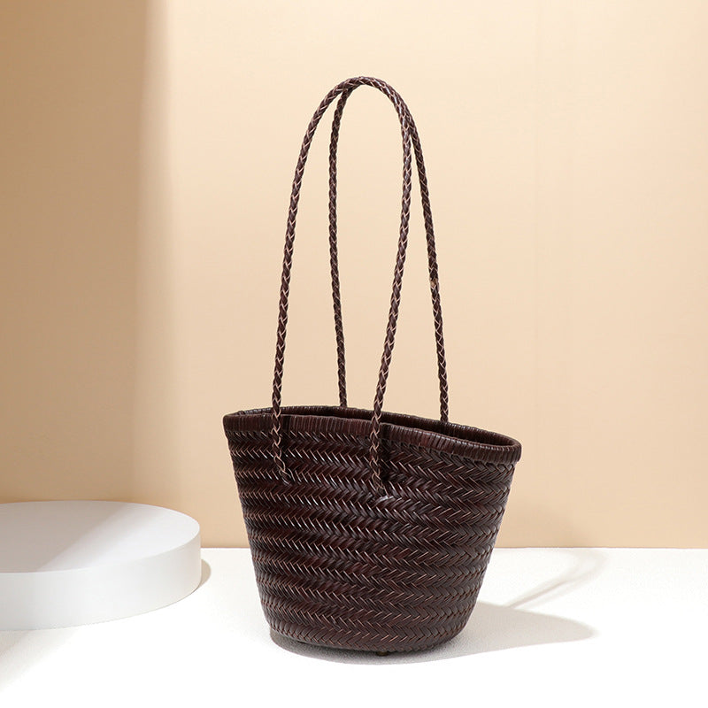 Retro First Layer Cowhide Hand-woven Single Niche Leather Bucket Bags