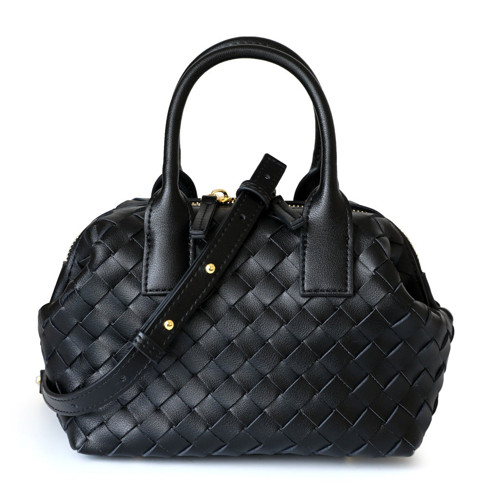 Trendy Pretty Cowhide Hand-woven Bowling Boston Bags