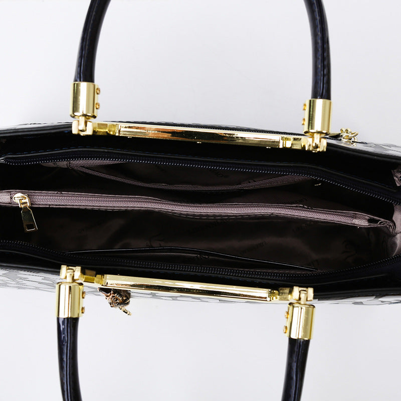 Women's High-grade Patent Leather Stone Pattern Boston Handbags