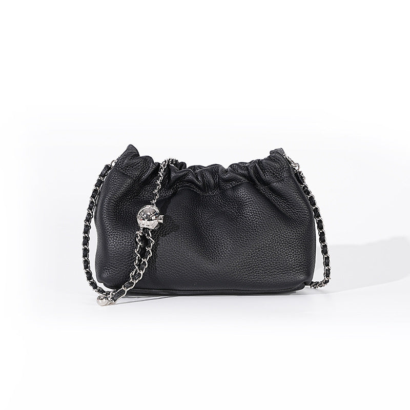Women's Cloud Underarm Genuine Leather Golden Ball Chain Small Square Bags