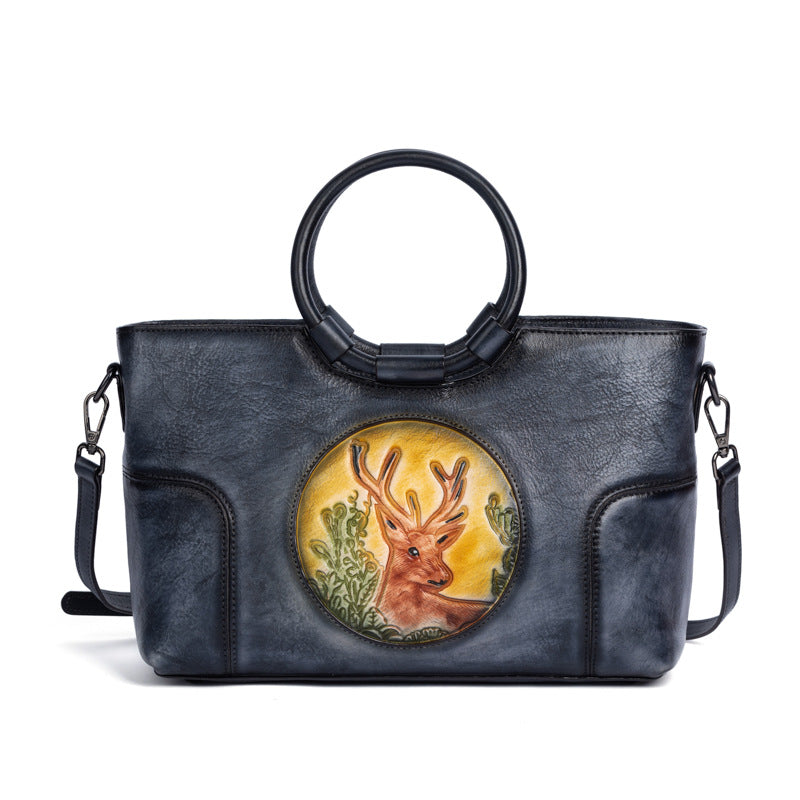 Women's Layer Cowhide Vintage Special Deer Head Handbags