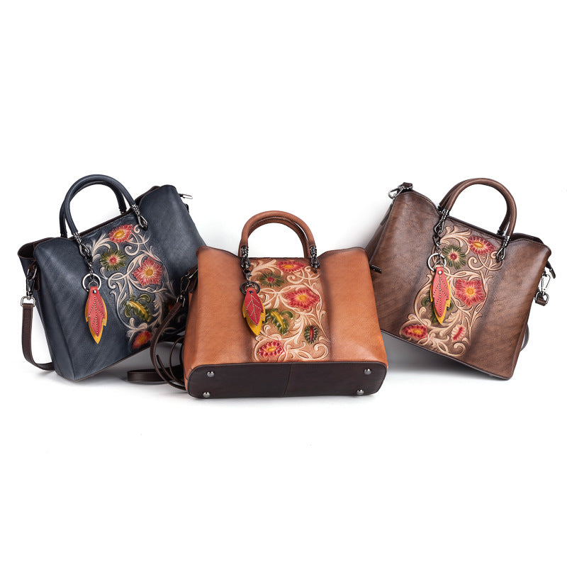 Women's Tanned Leather Cowhide Vintage Embossing Brush-off Men's Handbags