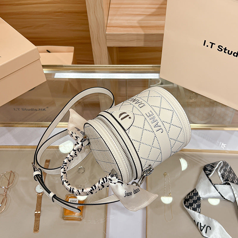 Women's Genuine Leather High-grade Round Fashion Cylindrical Bucket Bags