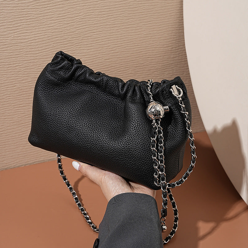 Women's Cloud Underarm Genuine Leather Golden Ball Chain Small Square Bags
