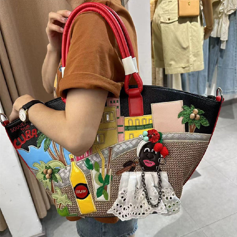 Fashion Large Capacity Creative Stitching Embroidery Vegetable Shoulder Bags